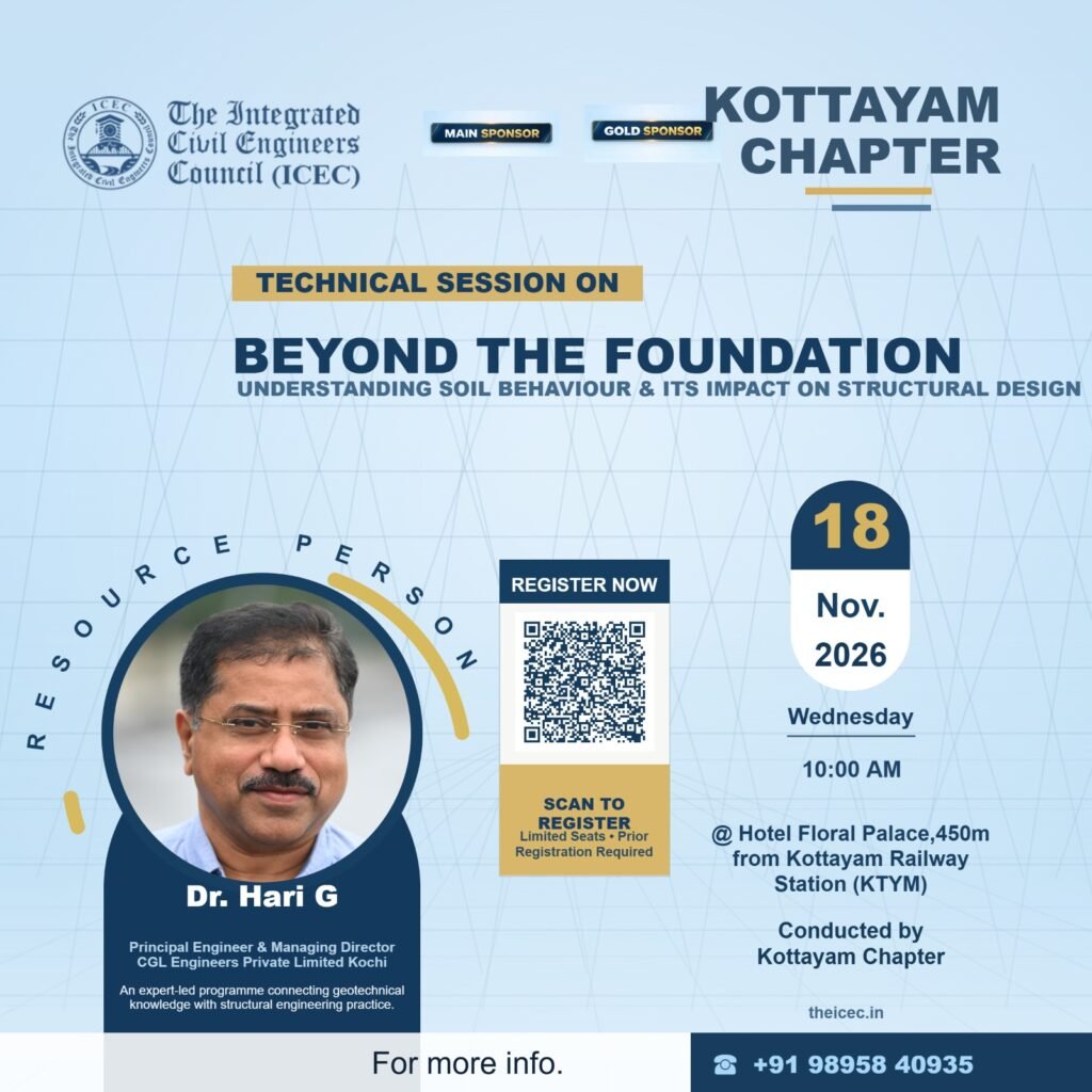 ICEC Kottayam Chapter technical session poster: Beyond the Foundation with Dr. Hari G, 18 November 2026, Hotel Floral Palace Kottayam