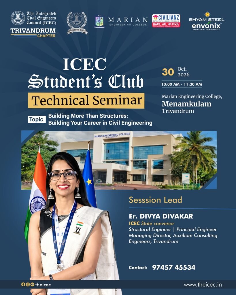 ICEC Trivandrum Chapter Students' Club Technical Seminar poster, 30 October 2026, Marian Engineering College